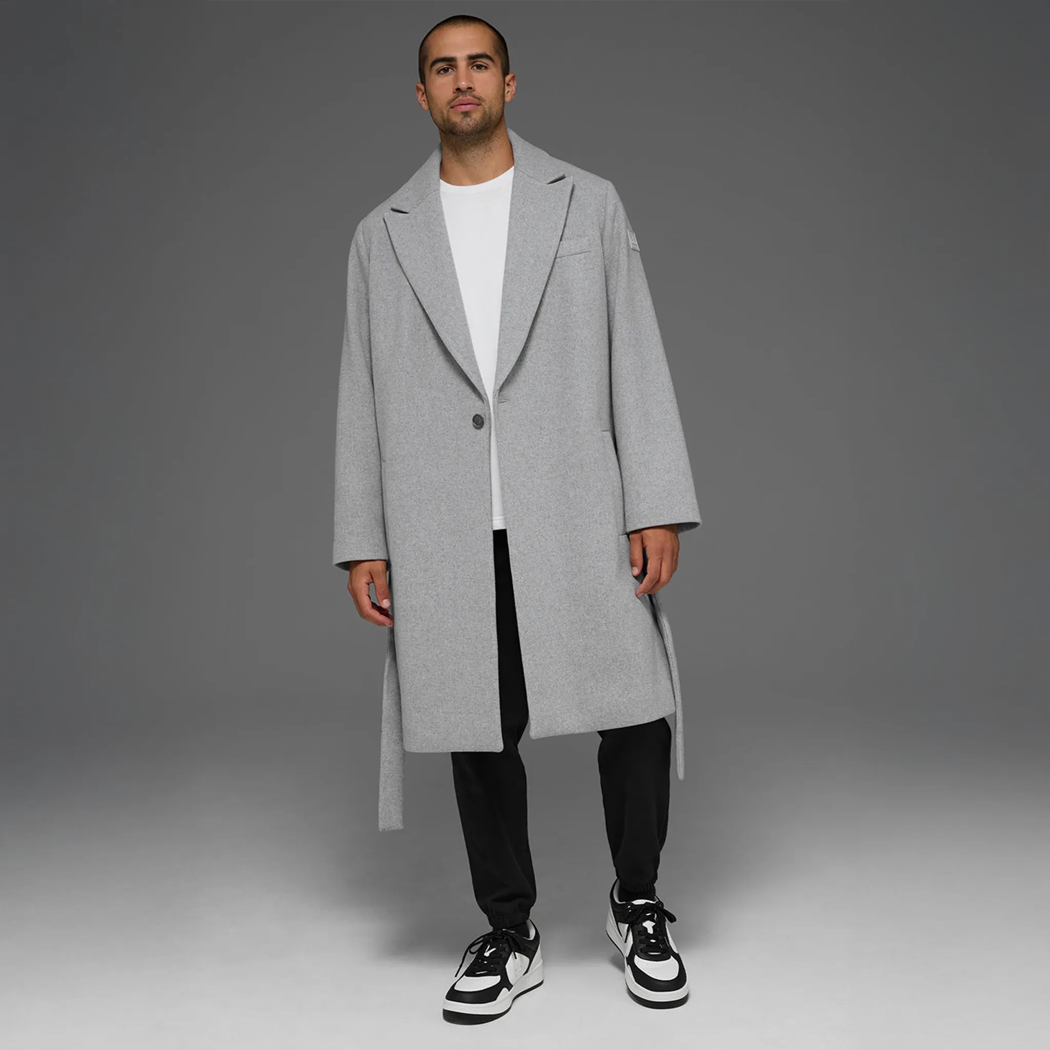 Front View of Alo Yoga Wool Gameday Athletic Heather Grey Overcoat